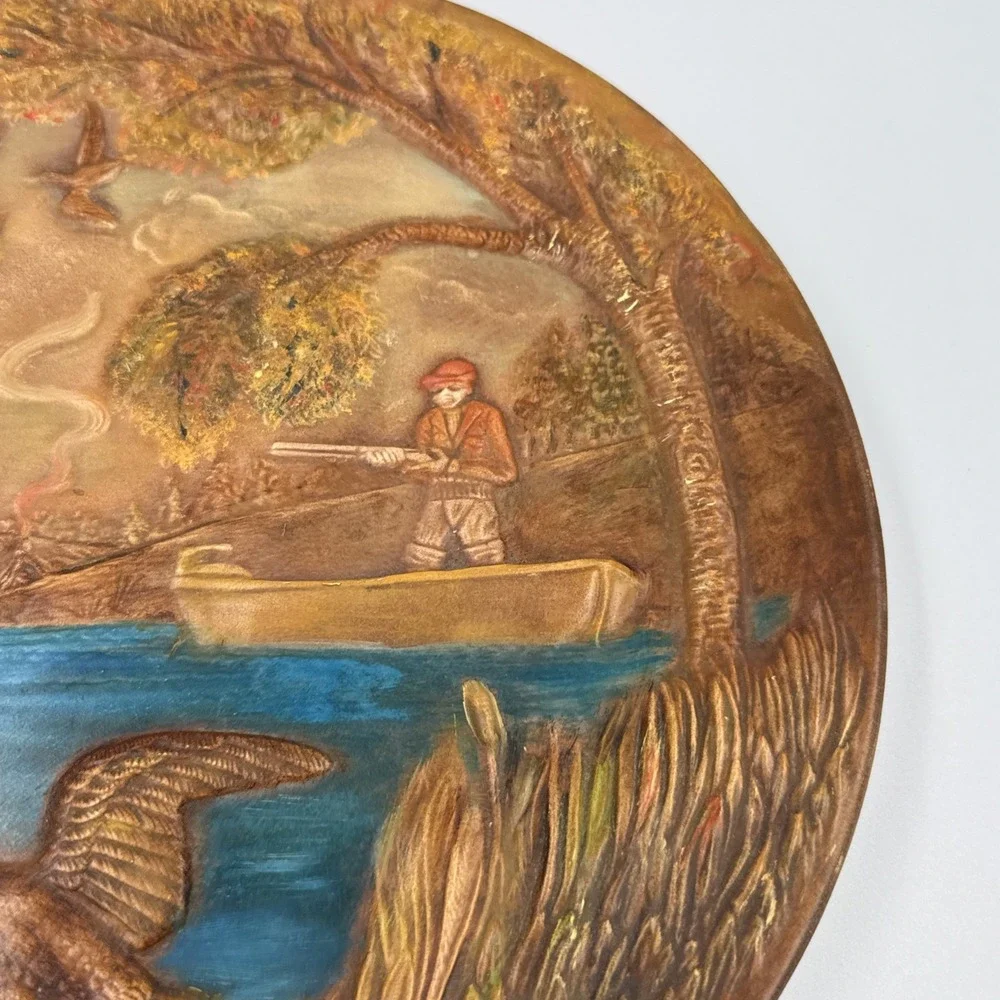 Vintage 1970 Duck Hunter in Boat Painted Plate